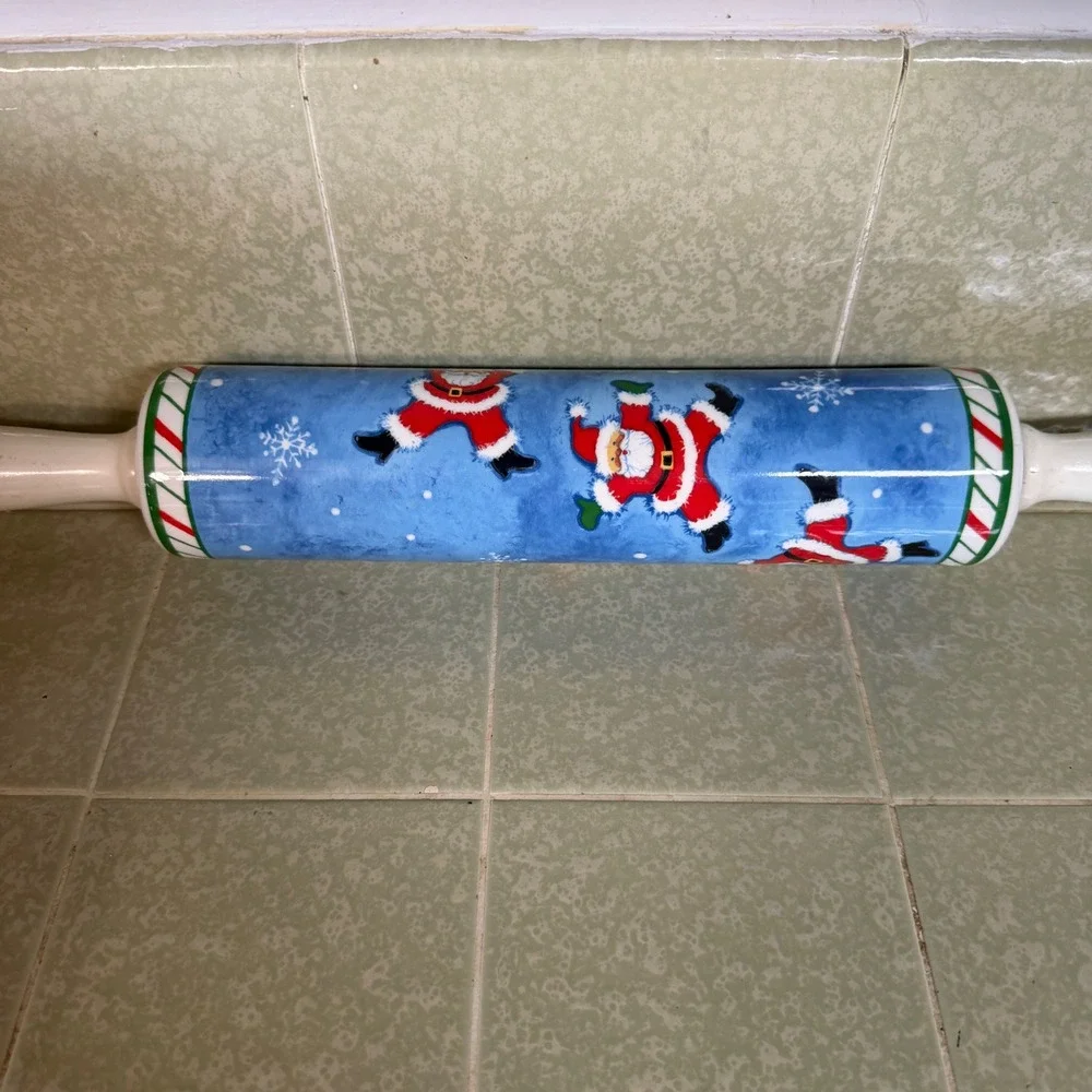 CounterArt Ceramic Rolling Pin Christmas Dancing Santa Blue Holiday Kitchenware